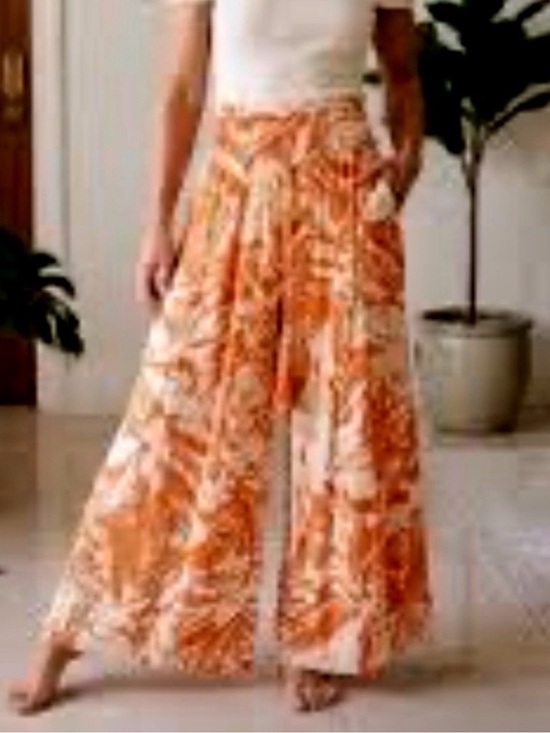 True Destinations Pants - True Destinations Orange Floral Botanical Wide Leg Pants, M Beach Resort